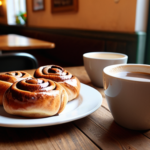 A cozy Swedish 'fika' scene: a plate of freshly baked cinnamon buns and two steaming cups of coffee on a rustic wooden table inside a charming, warmly lit Stockholm café. Soft, inviting light, with blurred background elements suggesting a relaxed atmosphere. Photorealistic, shallow depth of field.
