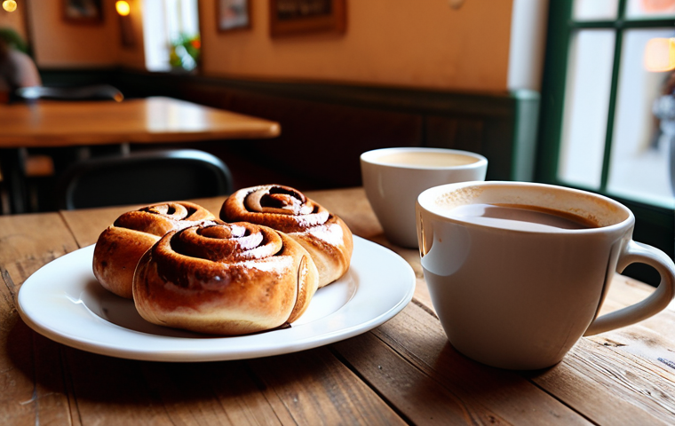 A cozy Swedish 'fika' scene: a plate of freshly baked cinnamon buns and two steaming cups of coffee on a rustic wooden table inside a charming, warmly lit Stockholm café. Soft, inviting light, with blurred background elements suggesting a relaxed atmosphere. Photorealistic, shallow depth of field.