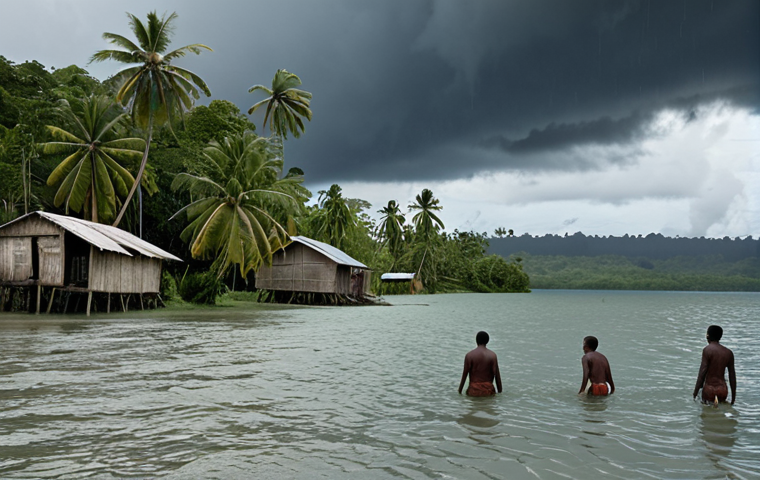 **Image Prompt:** A coastal village in the Solomon Islands partially submerged by rising sea levels, with distressed villagers looking out at the encroaching water. In the background, dark storm clouds gather, hinting at future extreme weather events. Focus on the environmental destruction and human displacement caused by climate change. The overall tone should be somber and reflective.